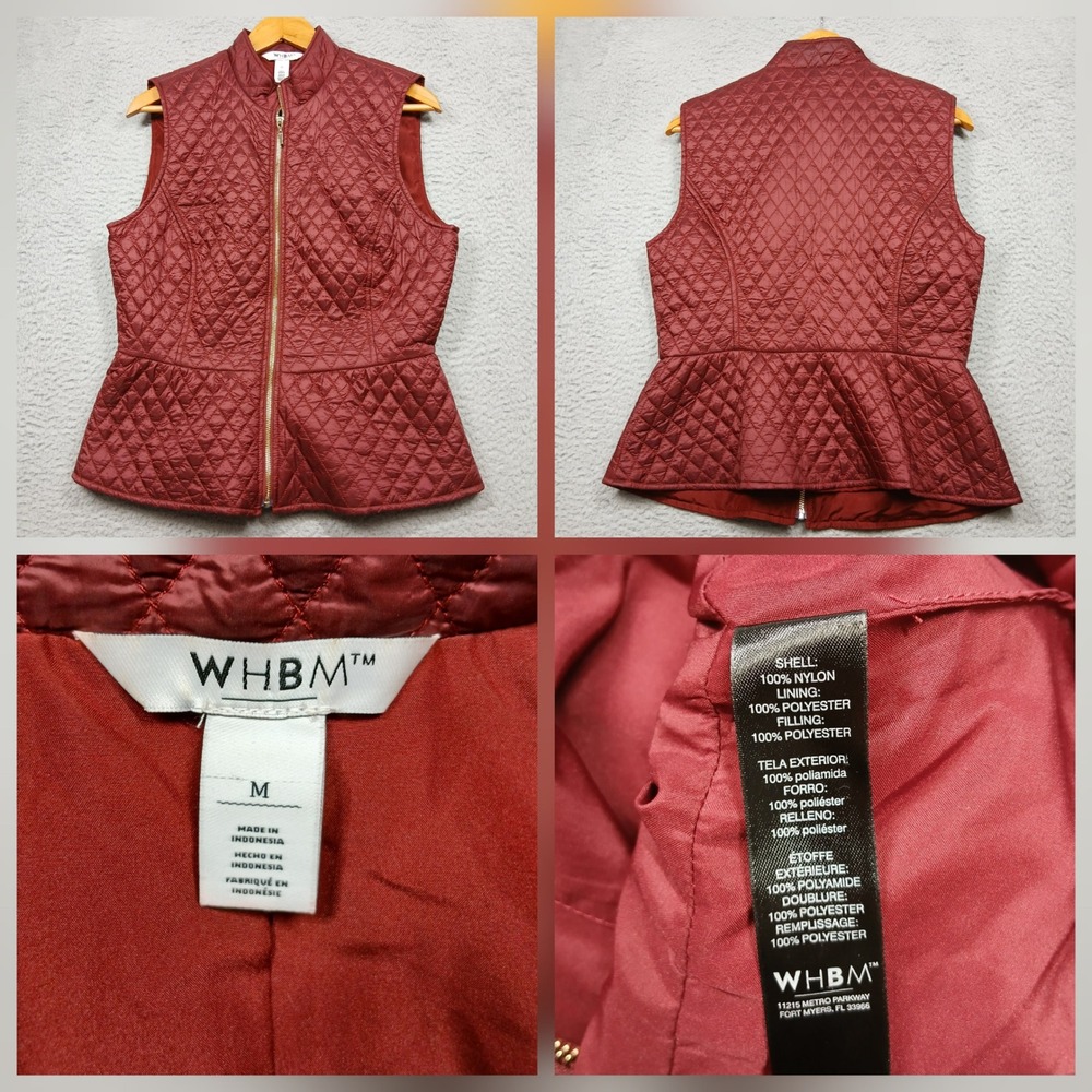 WHBM Quilted‎ Peplum Vest Women's M Burgundy Zip Front